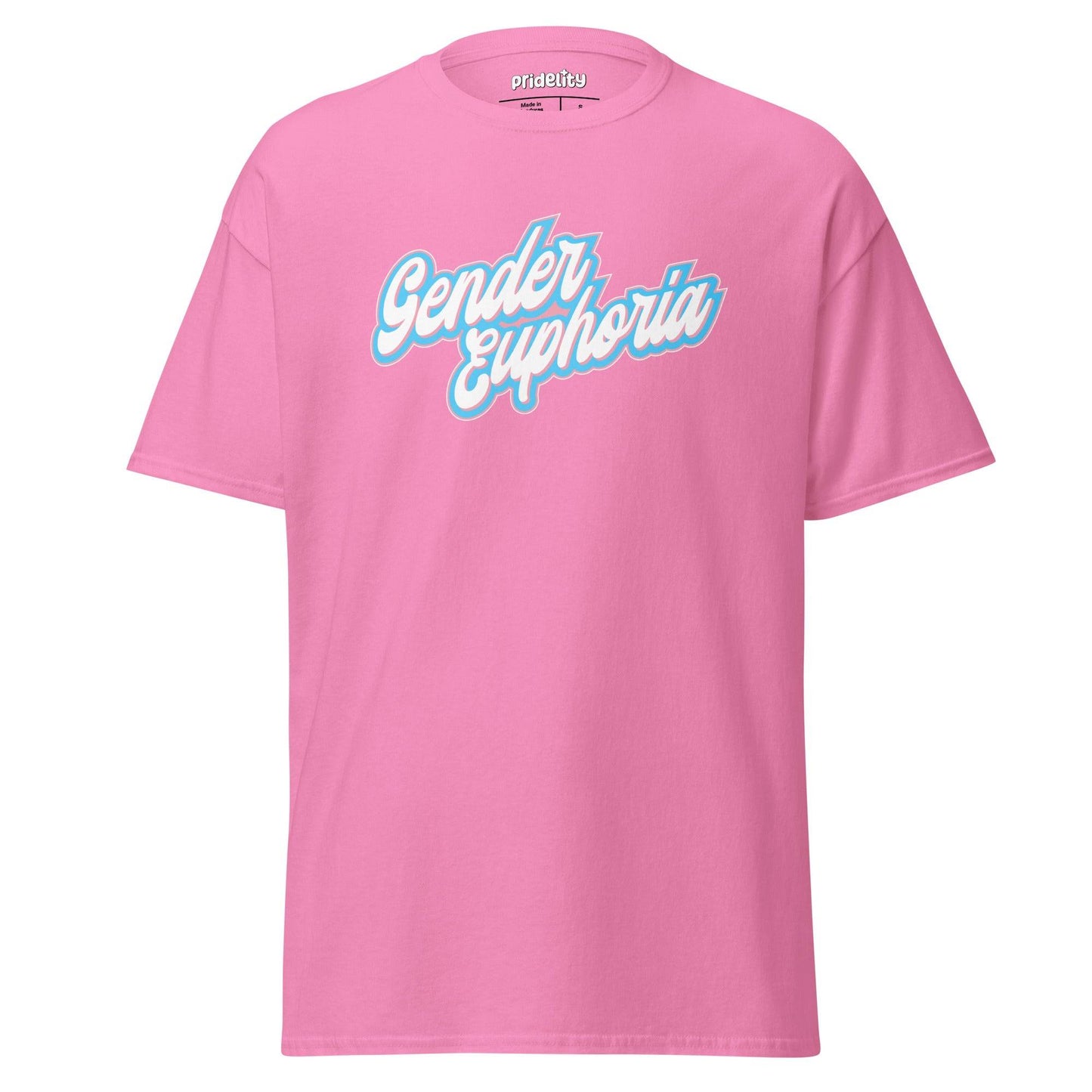 Light blue Pridelity T-shirt from our exclusive pride collection, featuring "Gender Euphoria" boldly printed in white and pink script across the front.