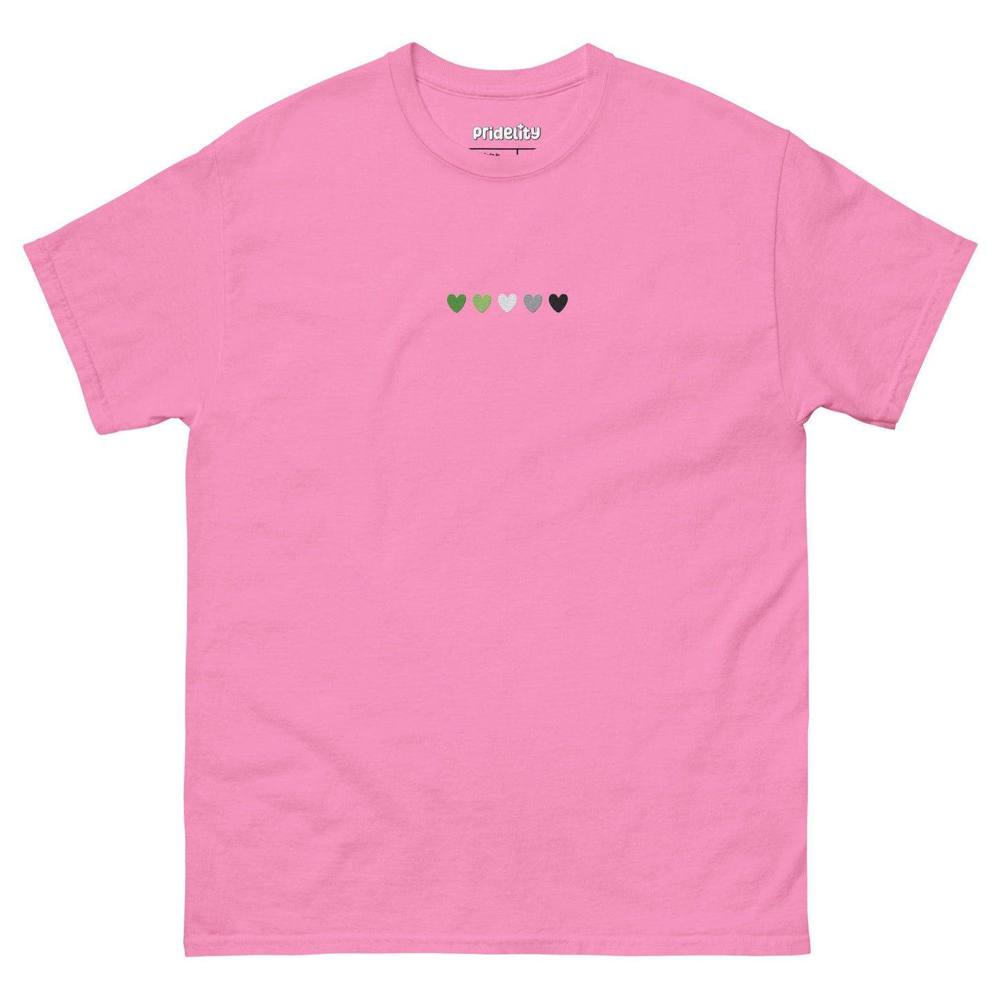 The Aromantic Love T-Shirt by Pridelity is cream-colored and features a row of small hearts across the chest in green, light green, white, gray, and black.
