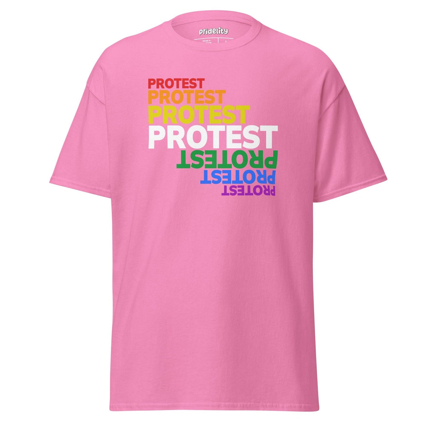 A black Protest T-Shirt from Pridelity features the word "PROTEST" printed in bold capital letters multiple times, each in a unique color, forming a vibrant rainbow pattern across the shirt.