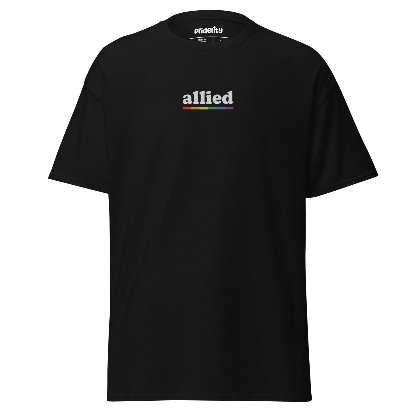 Introducing the "Allied T-Shirt" by Pridelity: a stylish black T-shirt featuring the word "allied" in lowercase letters on the chest. The white letters are creatively outlined with a rainbow gradient. This piece from Pridelity's Pride Collection celebrates unity and inclusivity with flair.