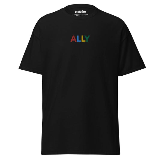 Pridelity's Ally T-Shirt features the word "ALLY" printed on the front in vibrant rainbow colors, celebrating Pride and inclusivity.