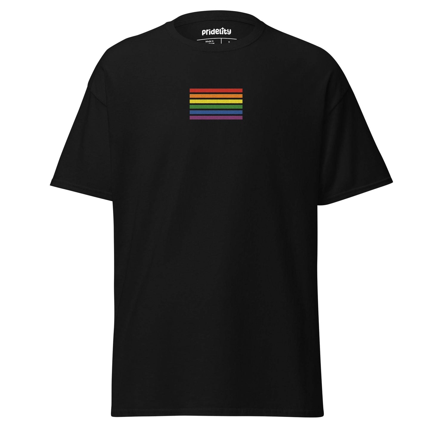 The Rainbow Stripes T-Shirt from Pridelity is black with a small rainbow stripe pattern on the chest, featuring horizontal stripes in red, orange, yellow, green, blue, and purple. The brand name "Pridelity" is printed on the inside label at the neck.