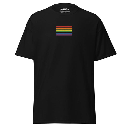 The Rainbow Stripes T-Shirt from Pridelity is black with a small rainbow stripe pattern on the chest, featuring horizontal stripes in red, orange, yellow, green, blue, and purple. The brand name "Pridelity" is printed on the inside label at the neck.