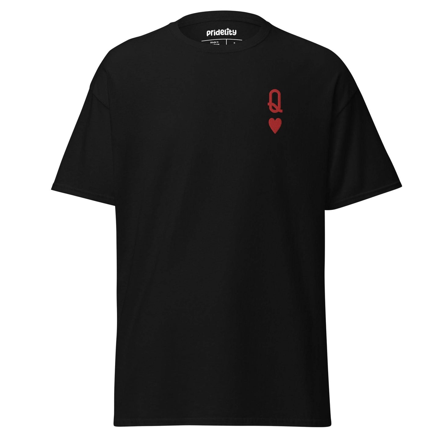The white Queen of Hearts T-Shirt by Pridelity showcases a small red "Q" with a heart symbol on the upper left chest area.