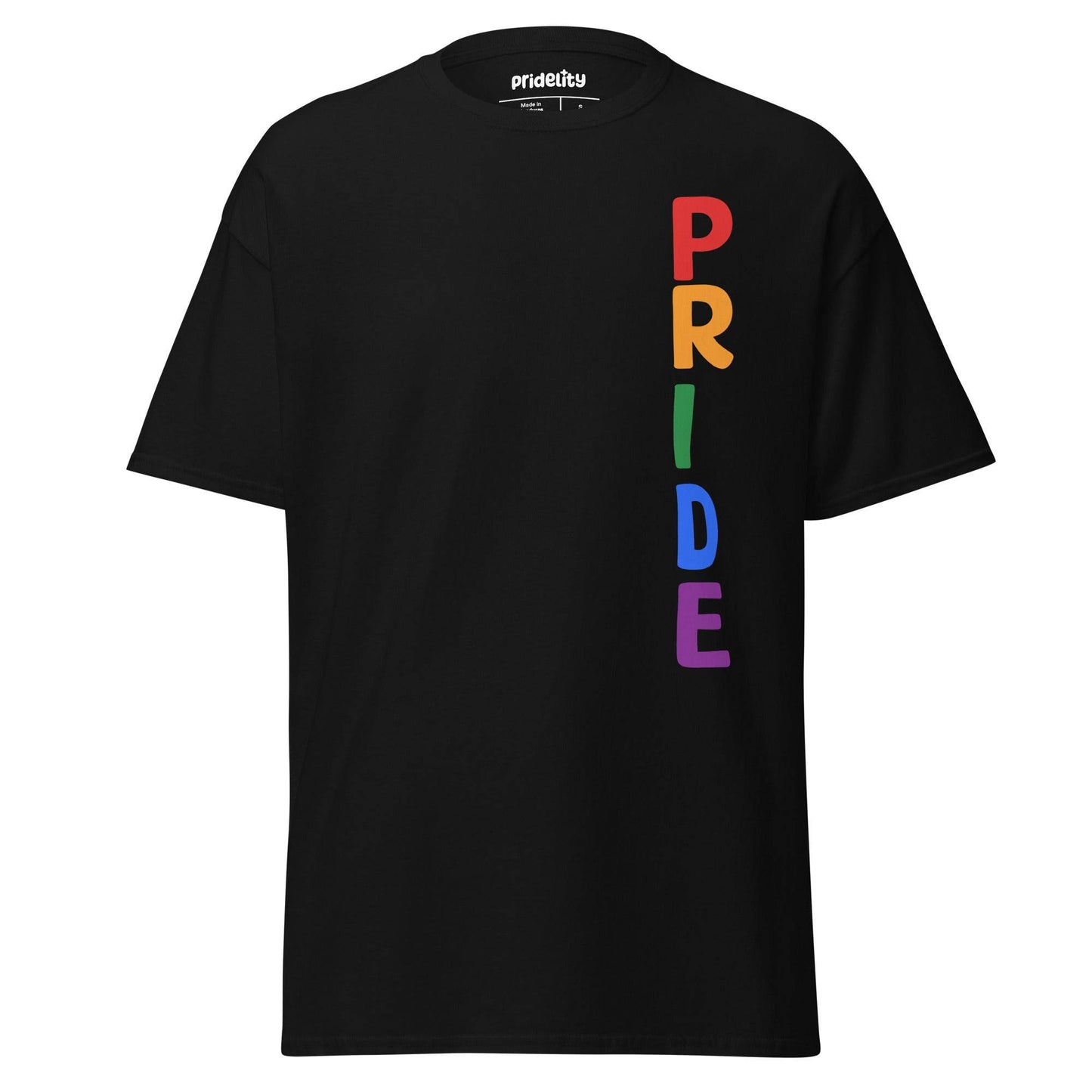 The Pride Vertical T-Shirt by Pridelity is available in light blue and prominently displays the word "PRIDE" vertically on the right side, featuring an array of vibrant rainbow colors: red, orange, yellow, green, blue, and purple.