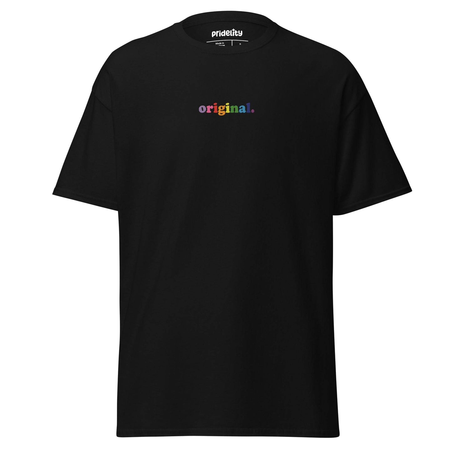 The Original T-Shirt by Pridelity is a plain white pride shirt showcasing the word "original." in lowercase multicolored text across the chest. With its short sleeves and round neckline, it stands as a statement of bold authenticity.