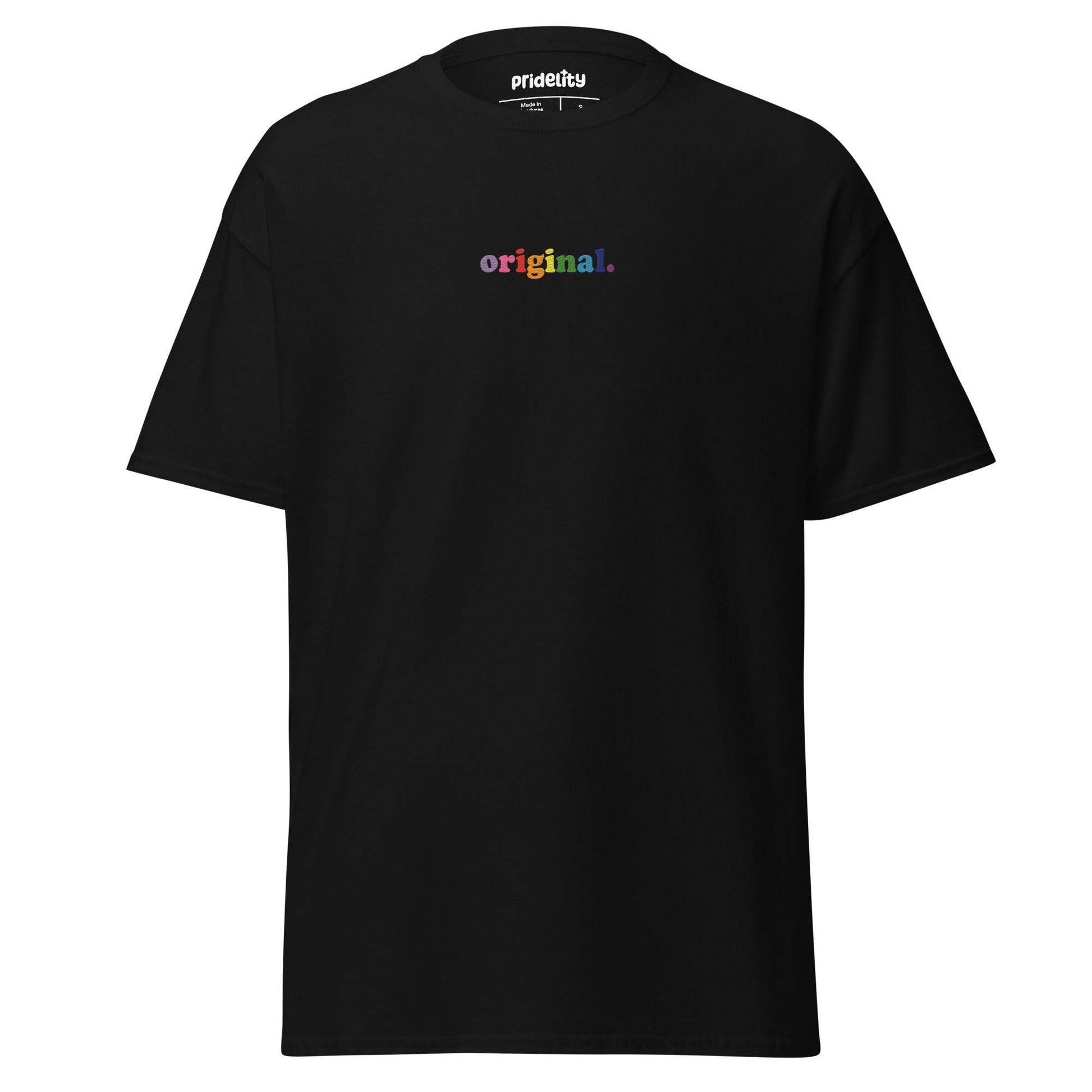 The Original T-Shirt by Pridelity is a plain white pride shirt showcasing the word "original." in lowercase multicolored text across the chest. With its short sleeves and round neckline, it stands as a statement of bold authenticity.