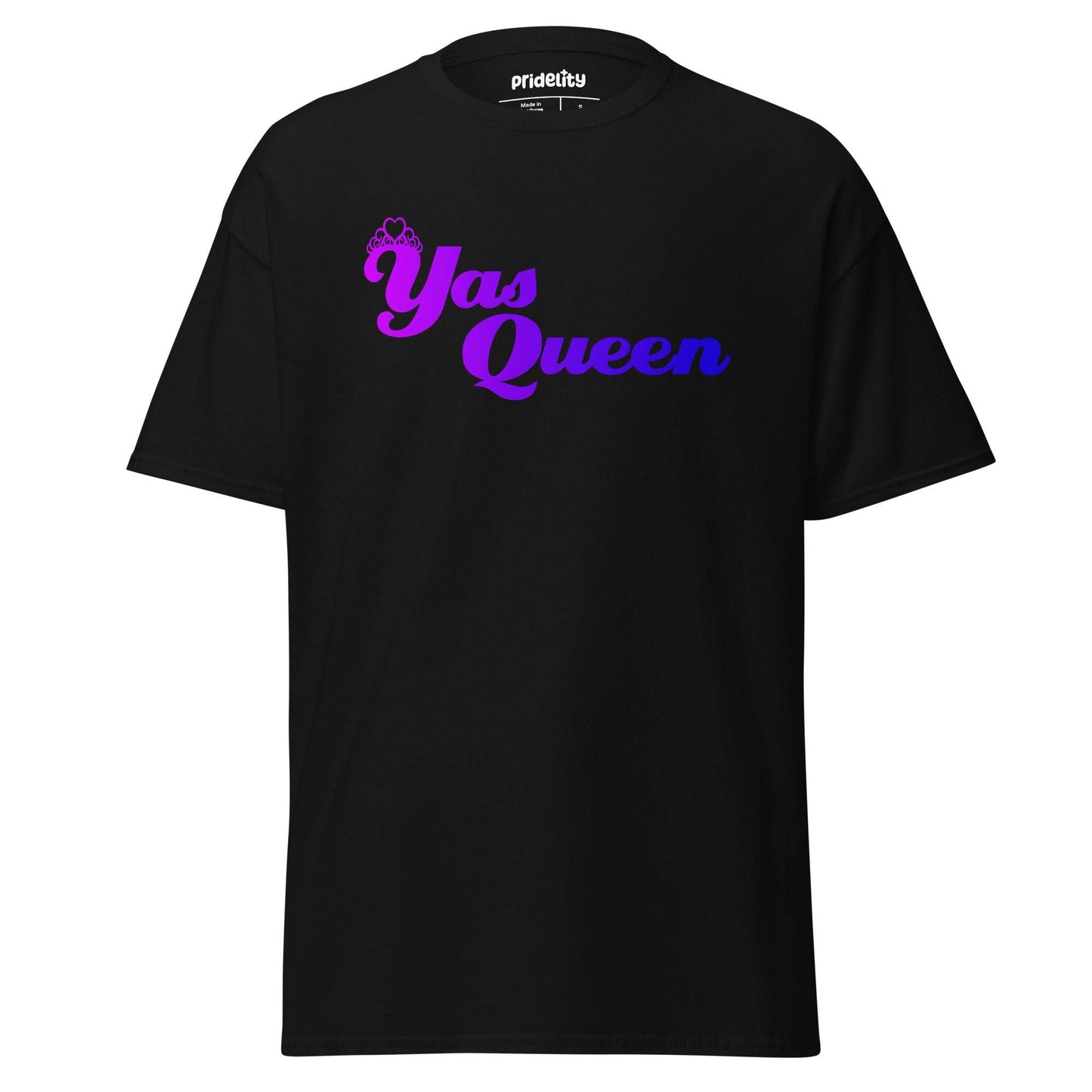 Introducing the Yas Queen T-Shirt by Pridelity, a black pride tee showcasing "Yas Queen" in eye-catching purple and blue gradient lettering, topped with a delicate crown graphic.