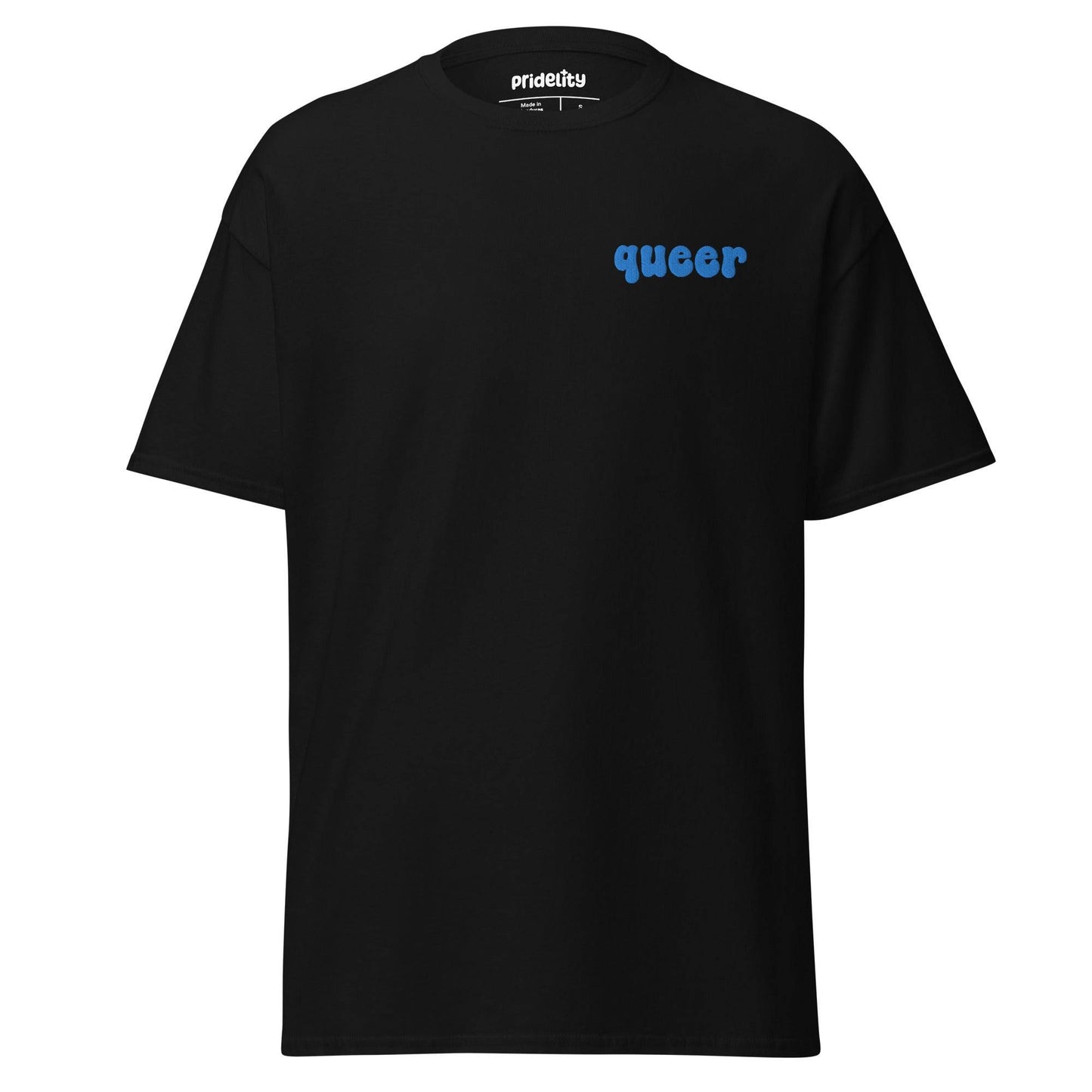 Pridelity's "Queer T-Shirt" in white showcases the word "queer" in striking bold blue text on the upper left side.