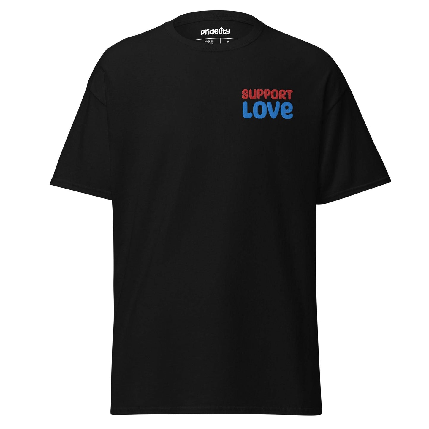Light blue Support Love T-Shirt by Pridelity showcasing "SUPPORT LOVE" prominently printed on the front in striking red and blue font.