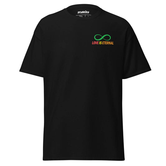 The Love Is Eternal T-Shirt by Pridelity features a colorful infinity symbol and the phrase "Love is Eternal" on the chest, all set against a black background. This pride shirt celebrates timeless love and unity.