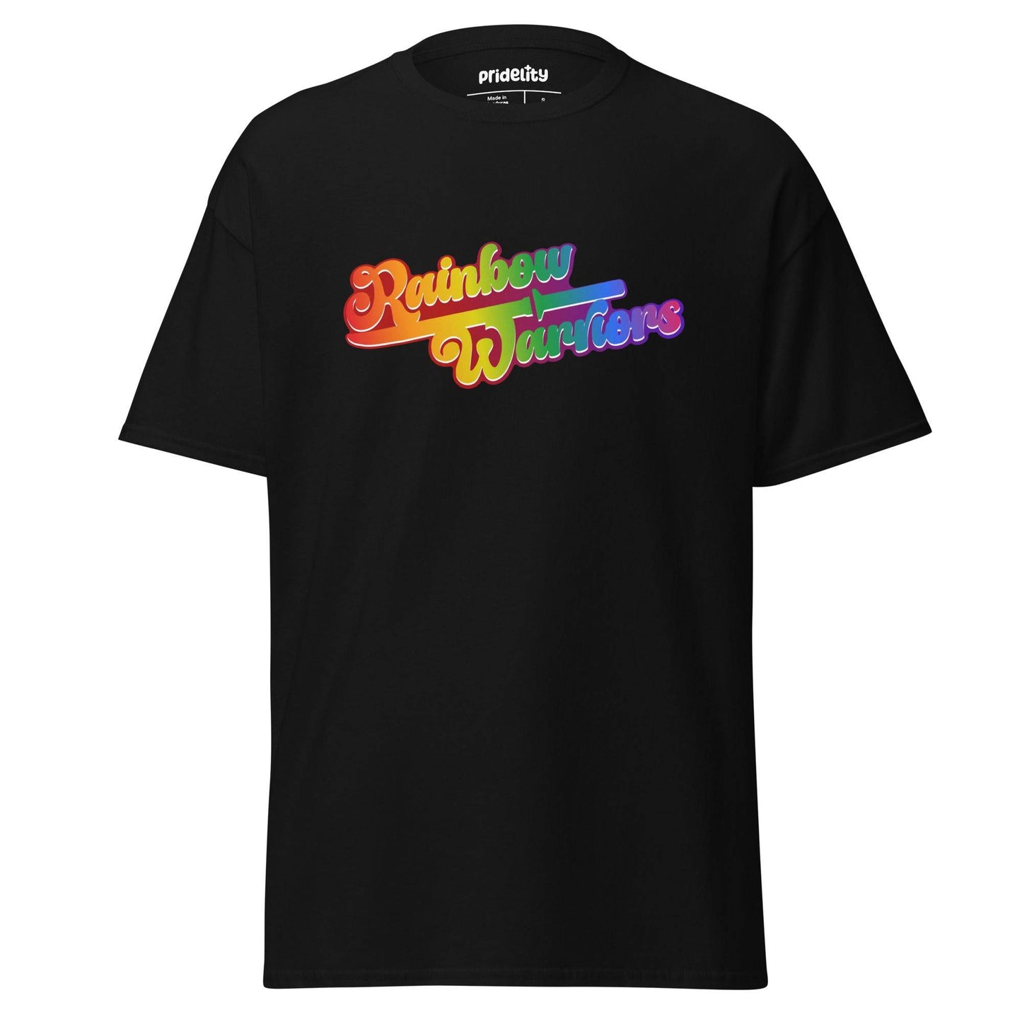 A gold Rainbow Warriors T-Shirt by Pridelity featuring the phrase "Rainbow Warriors" printed on the front in colorful, gradient letters.