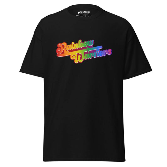 A gold Rainbow Warriors T-Shirt by Pridelity featuring the phrase "Rainbow Warriors" printed on the front in colorful, gradient letters.