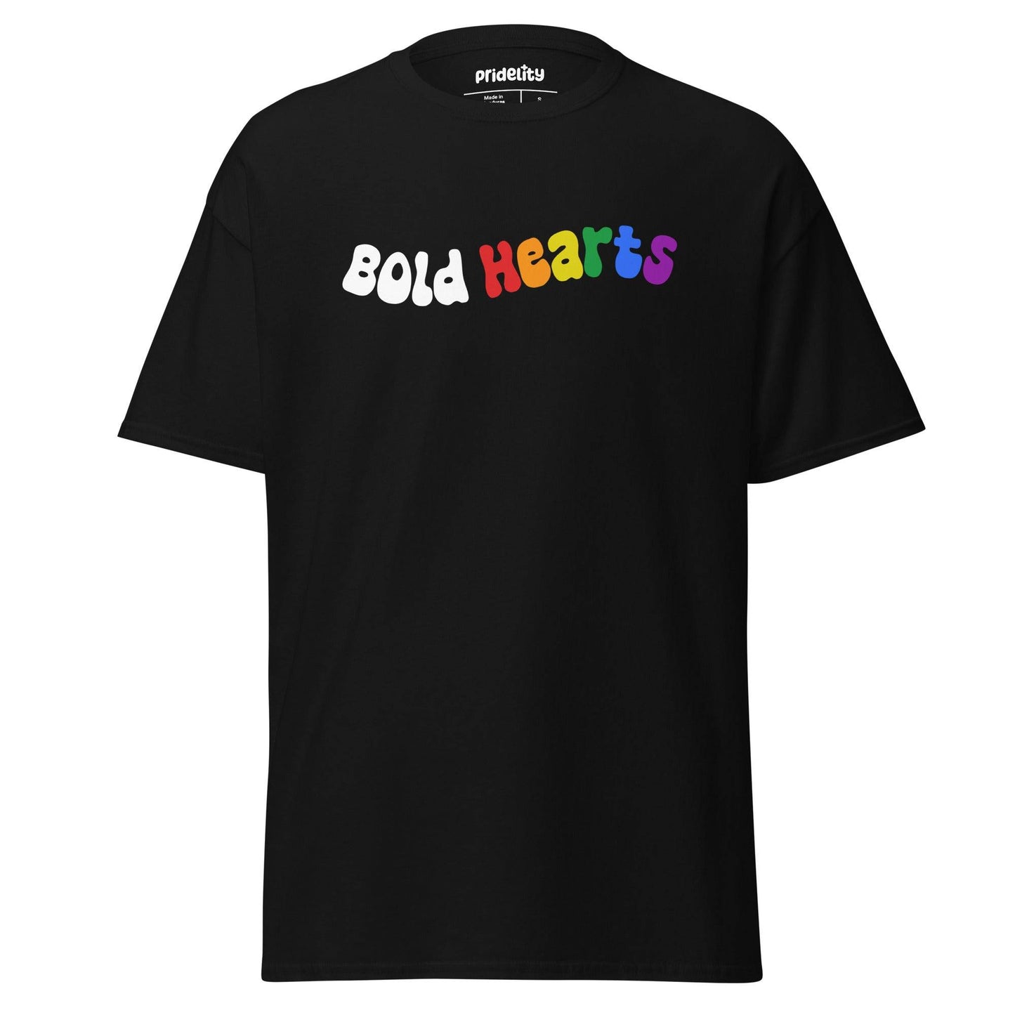 Introducing the "Bold Hearts T-Shirt" by Pridelity: a vibrant black t-shirt from our Pride Collection, showcasing the playful text "Bold Hearts." Each letter explodes with a unique color—white, red, orange, yellow, green, and purple—celebrating individuality and love.
