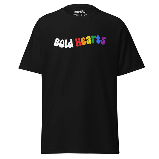 Introducing the "Bold Hearts T-Shirt" by Pridelity: a vibrant black t-shirt from our Pride Collection, showcasing the playful text "Bold Hearts." Each letter explodes with a unique color—white, red, orange, yellow, green, and purple—celebrating individuality and love.