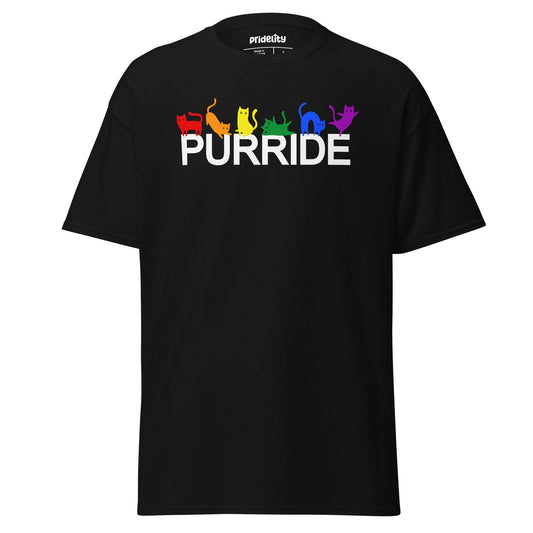 Pridelity's black Purride T-Shirt features the word "PURRIDE" in striking white letters, each adorned with a bright rainbow-colored cat silhouette. The array of red, orange, yellow, green, blue, and purple cats adds a playful nod to diversity through a feline lens.