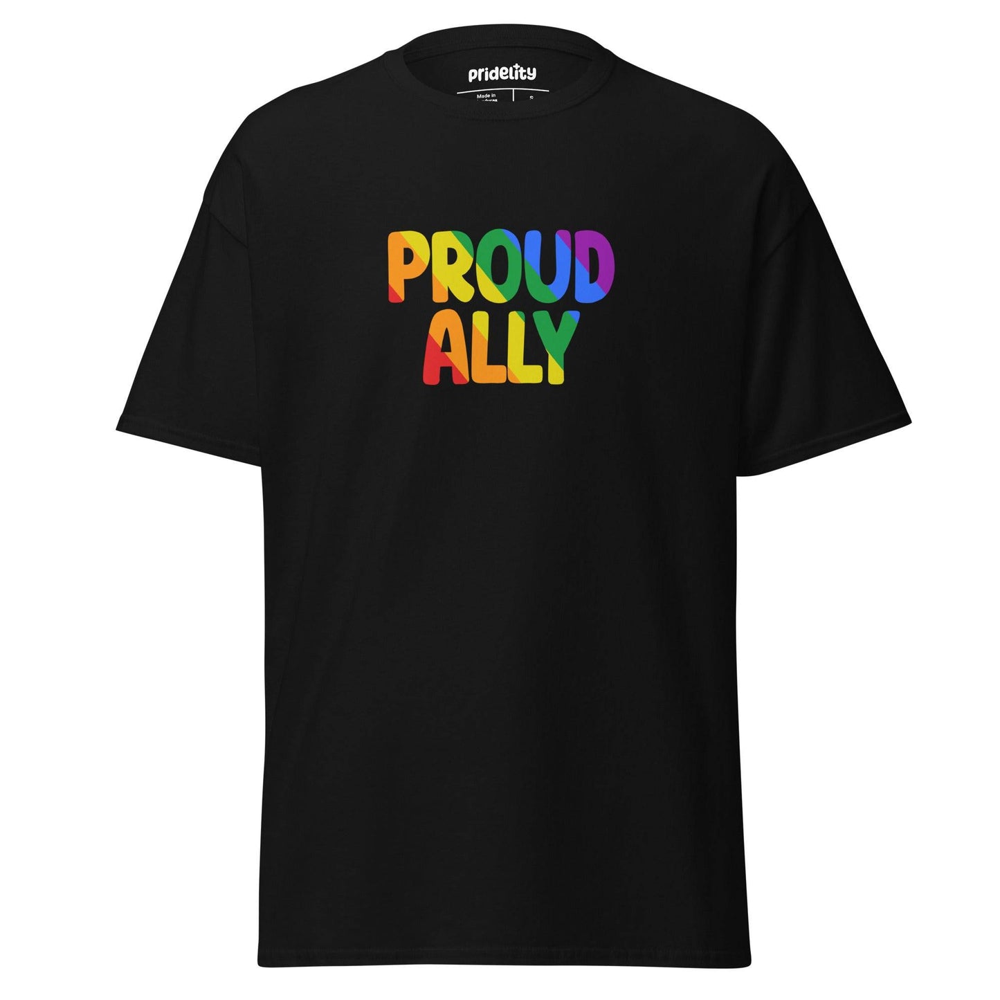 A black Proud Ally T-Shirt from Pridelity, showcasing "Proud Ally" in bold, rainbow-colored letters across the chest.