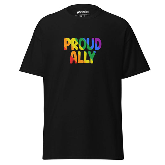 A black Proud Ally T-Shirt from Pridelity, showcasing "Proud Ally" in bold, rainbow-colored letters across the chest.