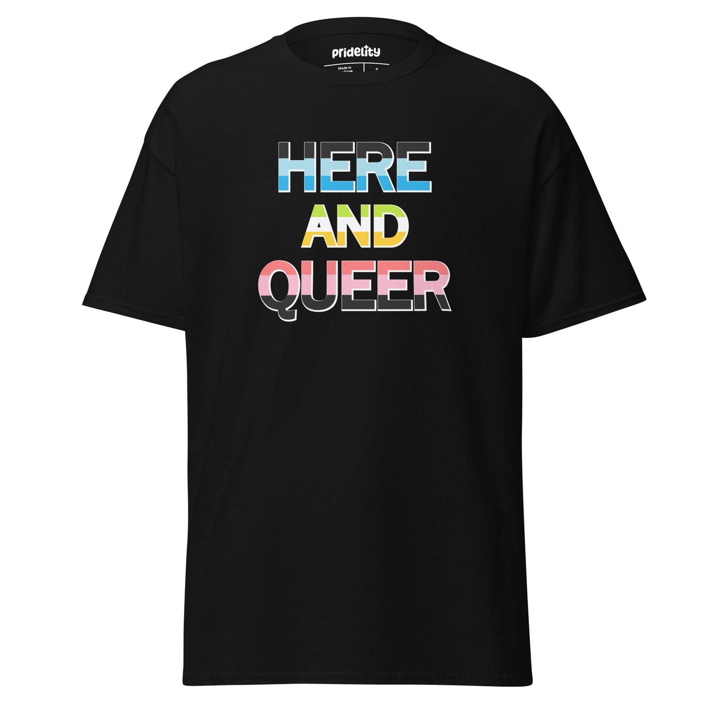 The Pridelity "Here And Queer" T-shirt showcases bold, block letters filled with the vibrant light blue, pink, and white of the transgender pride flag against a classic black background. Make a statement with this eye-catching item from our pride collection.