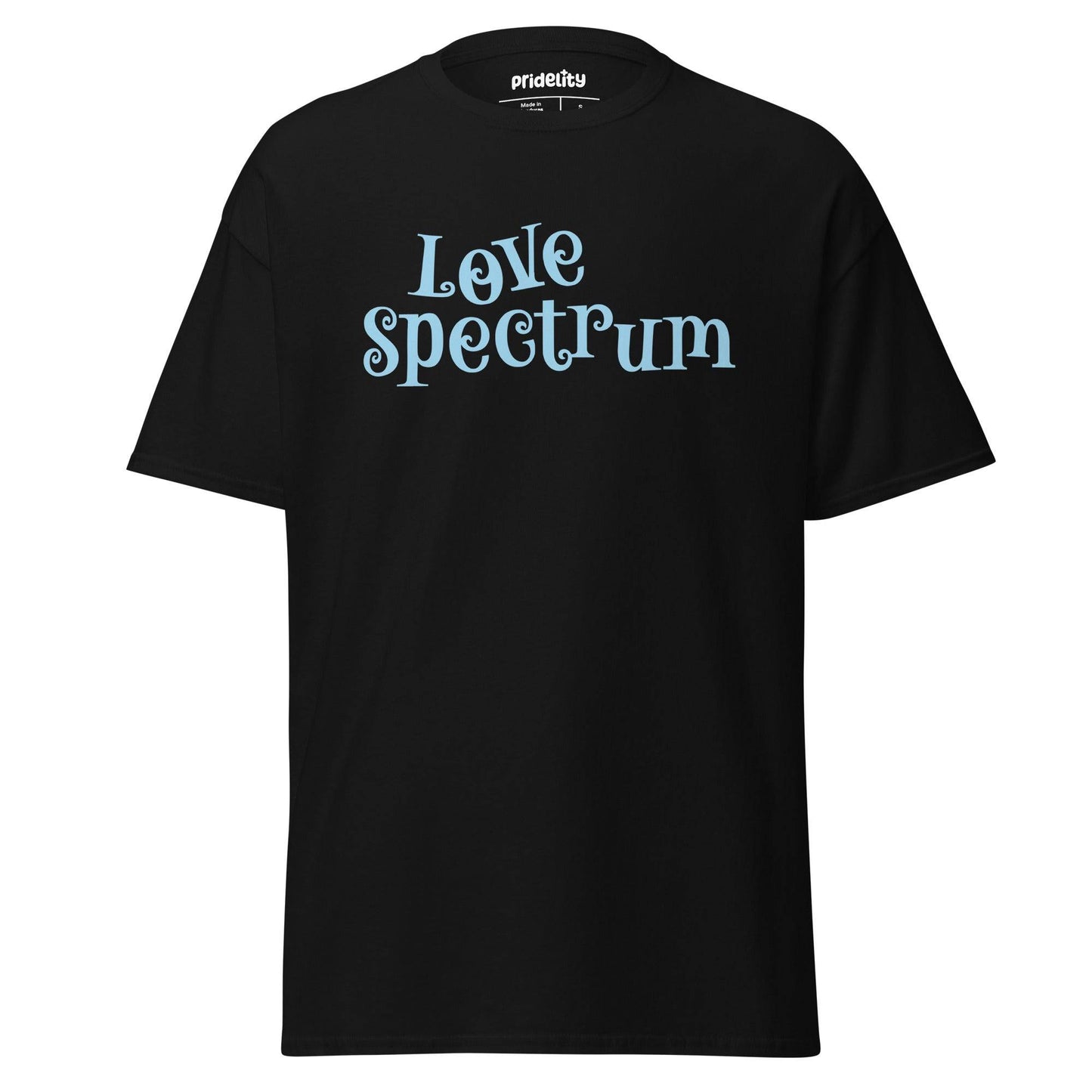 Introducing the Love Spectrum T-Shirt by Pridelity: This delightful white shirt features light blue text whimsically spelling out "Love Spectrum," embodying diversity and acceptance with its playful pride-inspired design.