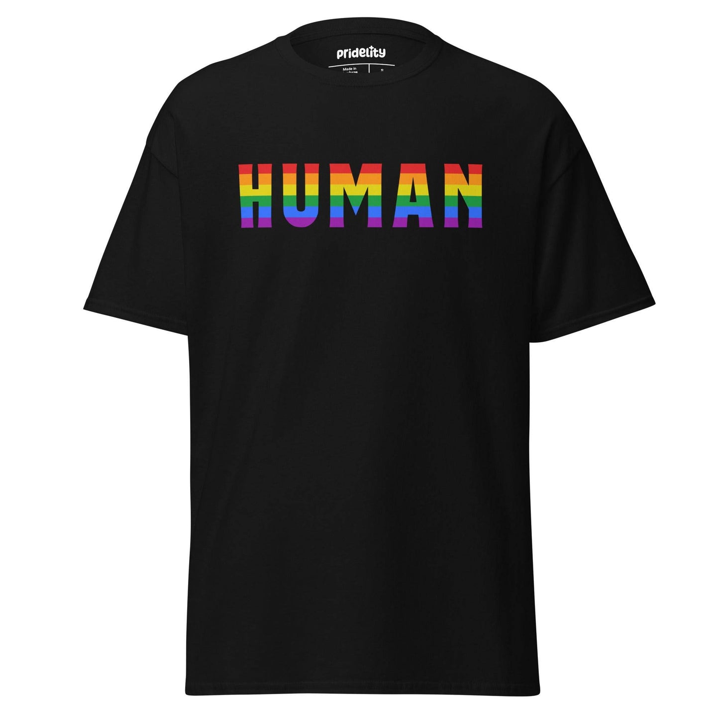 Introducing the Human T-Shirt by Pridelity: a stylish black tee featuring the word "HUMAN" in bold, uppercase letters filled with a vibrant rainbow gradient. This pride shirt embodies diversity and inclusion, celebrating unity and acceptance with flair.