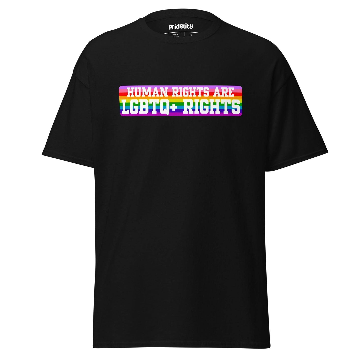 Introducing the LGBTQ+ Rights T-Shirt from Pridelity: This pride shirt features a white t-shirt with a vibrant, colorful rectangle centered on the chest, showcasing the bold, rainbow-colored text "Human Rights Are LGBTQ+ Rights.