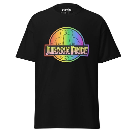 Introducing the Pridelity Jurassic Pride T-Shirt, a vibrant red shirt featuring a rainbow logo with two dinosaurs and the phrase "Jurassic Pride" adorned above three small heart icons.