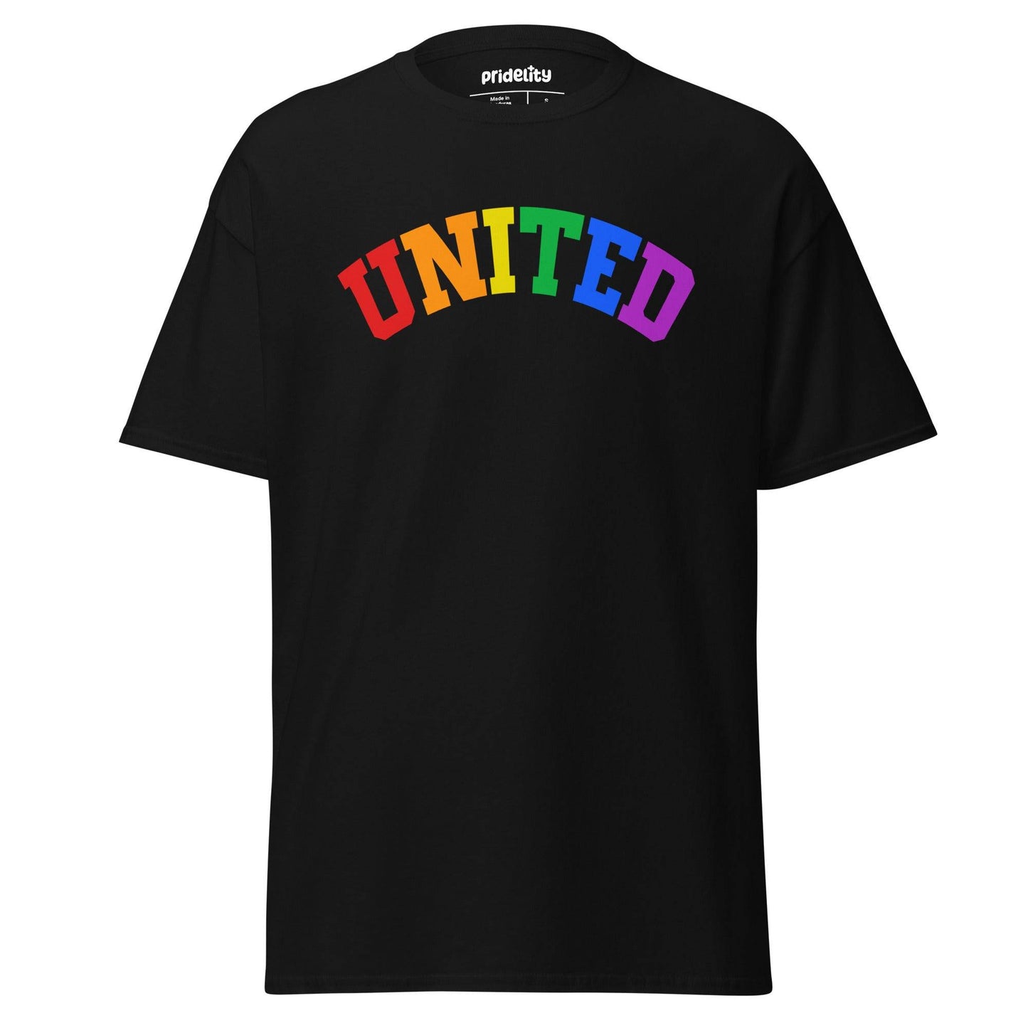 The Pridelity United T-Shirt showcases the word "UNITED" prominently on the front, with each letter seamlessly transitioning through vibrant rainbow colors.