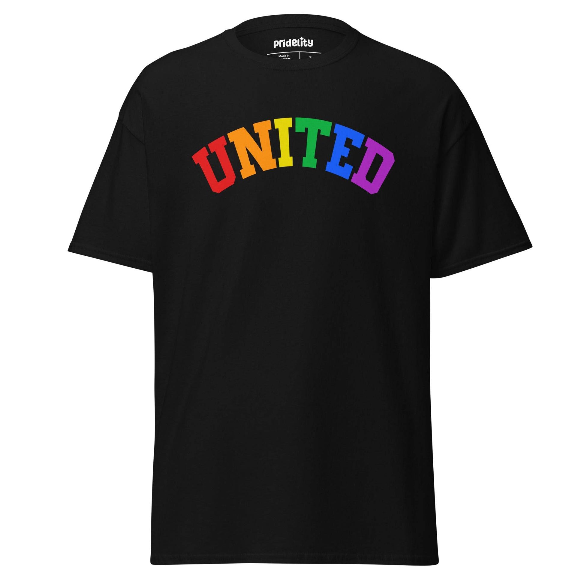 The Pridelity United T-Shirt showcases the word "UNITED" prominently on the front, with each letter seamlessly transitioning through vibrant rainbow colors.