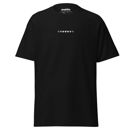 Black Demigender Love T-Shirt by Pridelity, showcasing a row of small hearts in various shades of green, gray, and yellow across the chest, celebrating love and inclusivity.