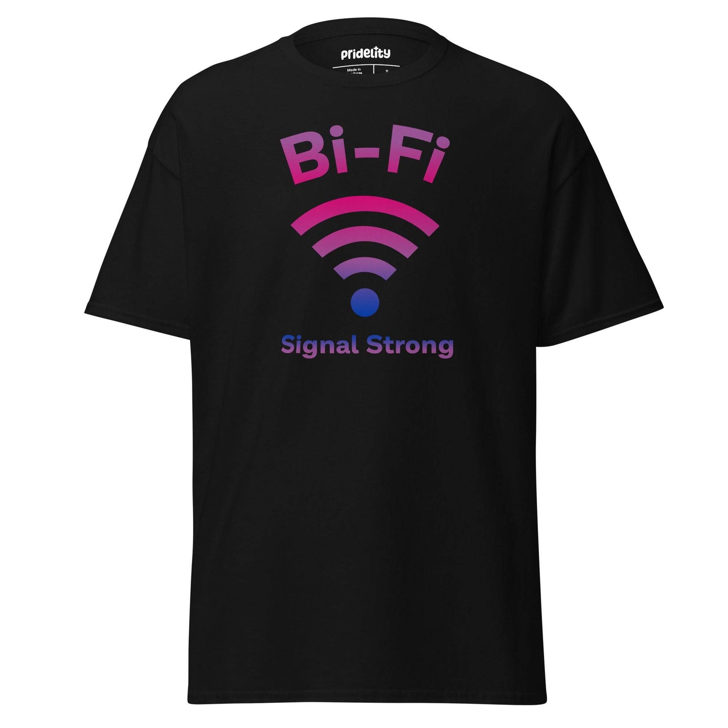 Pridelity's Bi-Fi T-Shirt showcases "Bi-Fi" above a pink and purple Wi-Fi symbol, with "Signal Strong" below. This vibrant tee from our Pride Collection celebrates connection and identity with style.