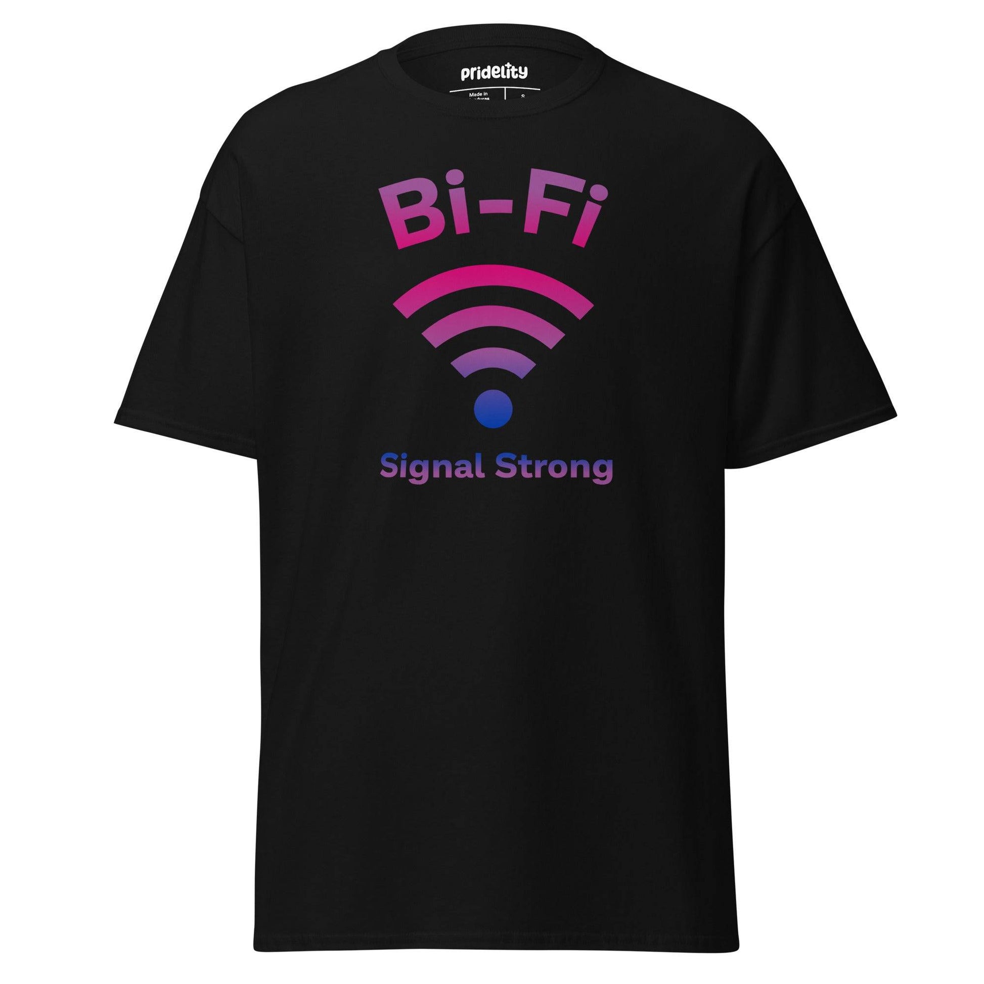 Pridelity's Bi-Fi T-Shirt showcases "Bi-Fi" above a pink and purple Wi-Fi symbol, with "Signal Strong" below. This vibrant tee from our Pride Collection celebrates connection and identity with style.