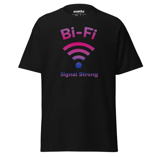 Pridelity's Bi-Fi T-Shirt showcases "Bi-Fi" above a pink and purple Wi-Fi symbol, with "Signal Strong" below. This vibrant tee from our Pride Collection celebrates connection and identity with style.