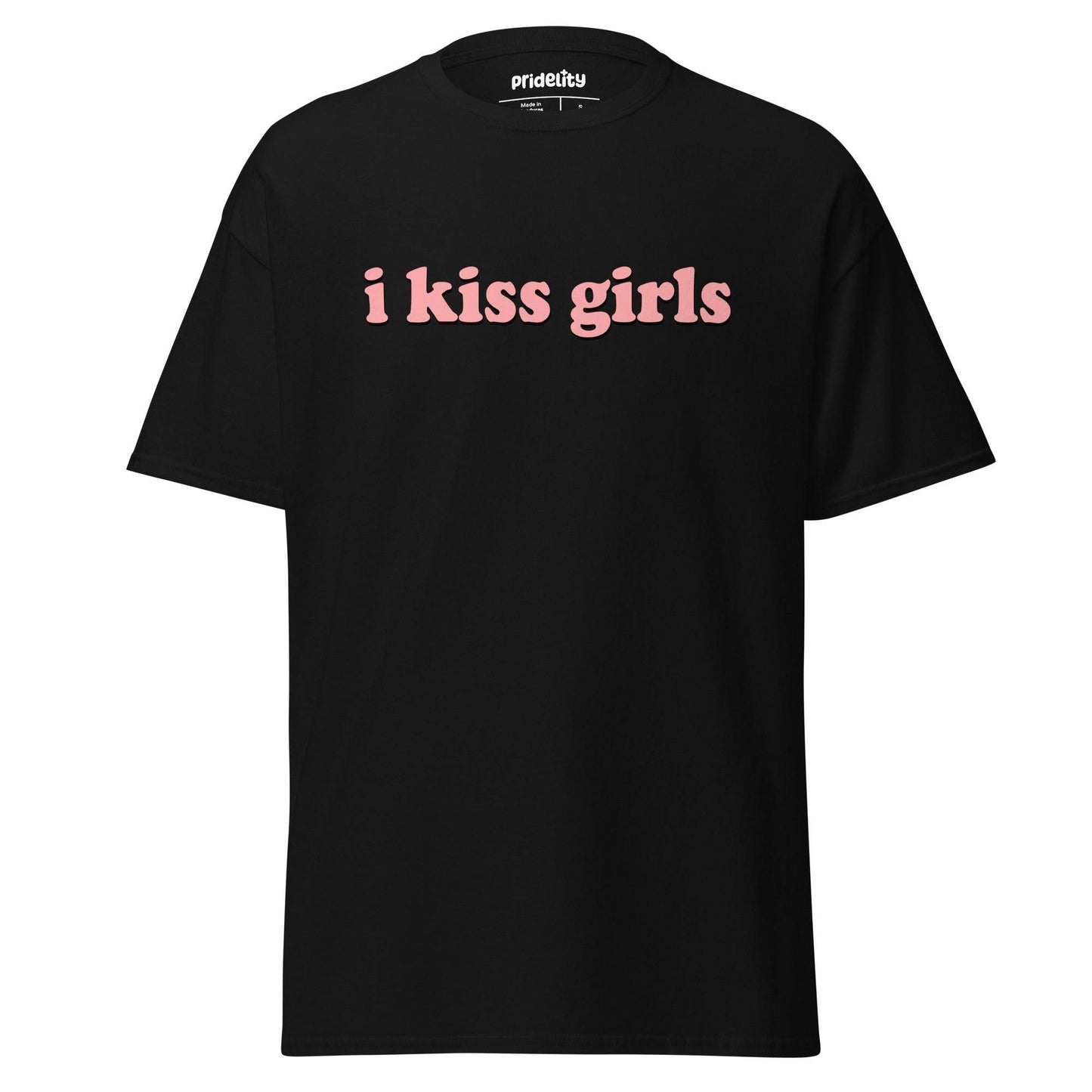 Introducing the I Kiss Girls T-Shirt by Pridelity: a white pride shirt with standout pink text saying "i kiss girls," designed on a simple backdrop.