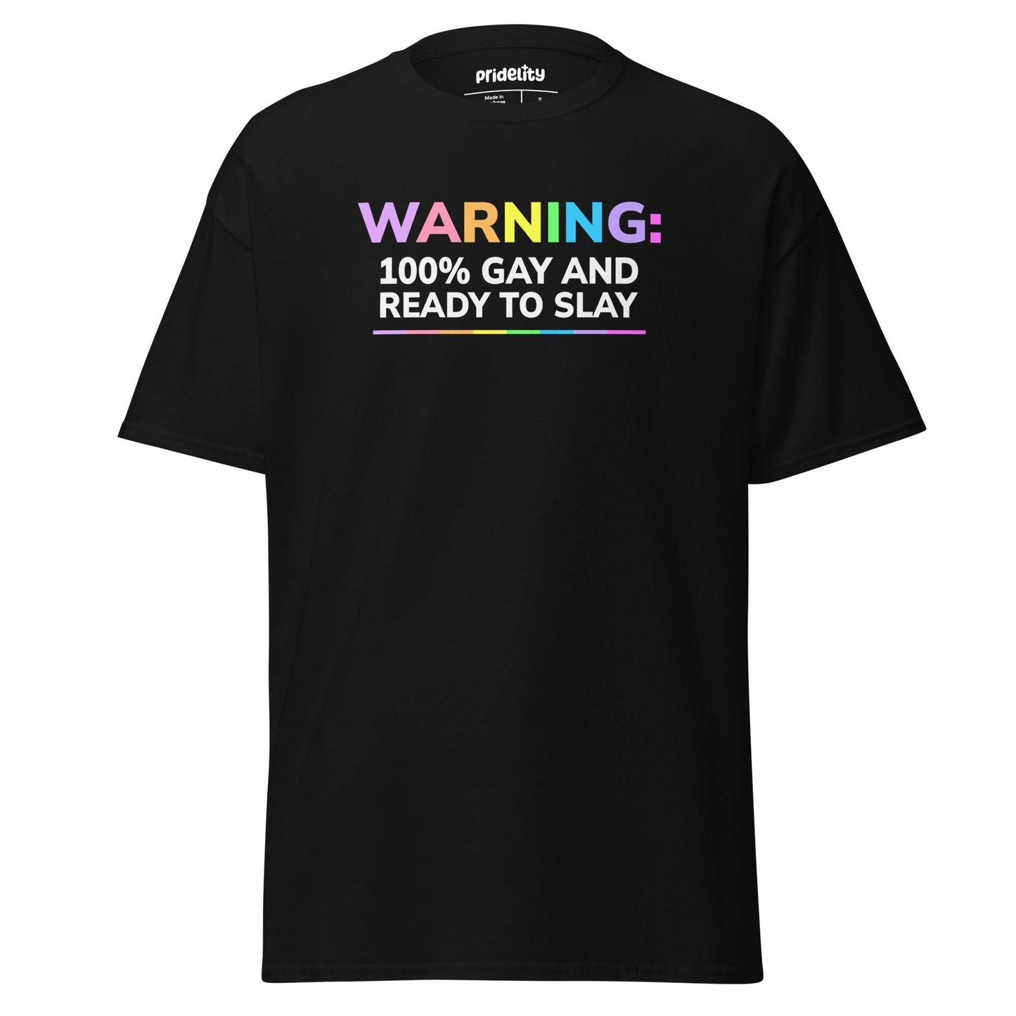 Black Warning T-Shirt with rainbow text '100% Gay and Ready to Slay,' perfect for LGBTQ+ pride outfits and pride merch.