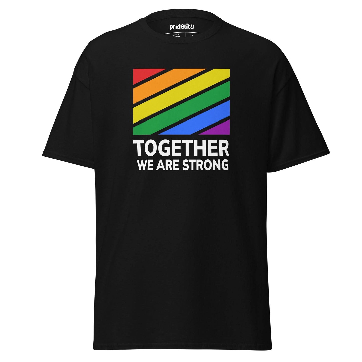 Black Together T-Shirt featuring rainbow stripes and 'Together We Are Strong' text, crafted from pre-shrunk cotton with eco-friendly print.