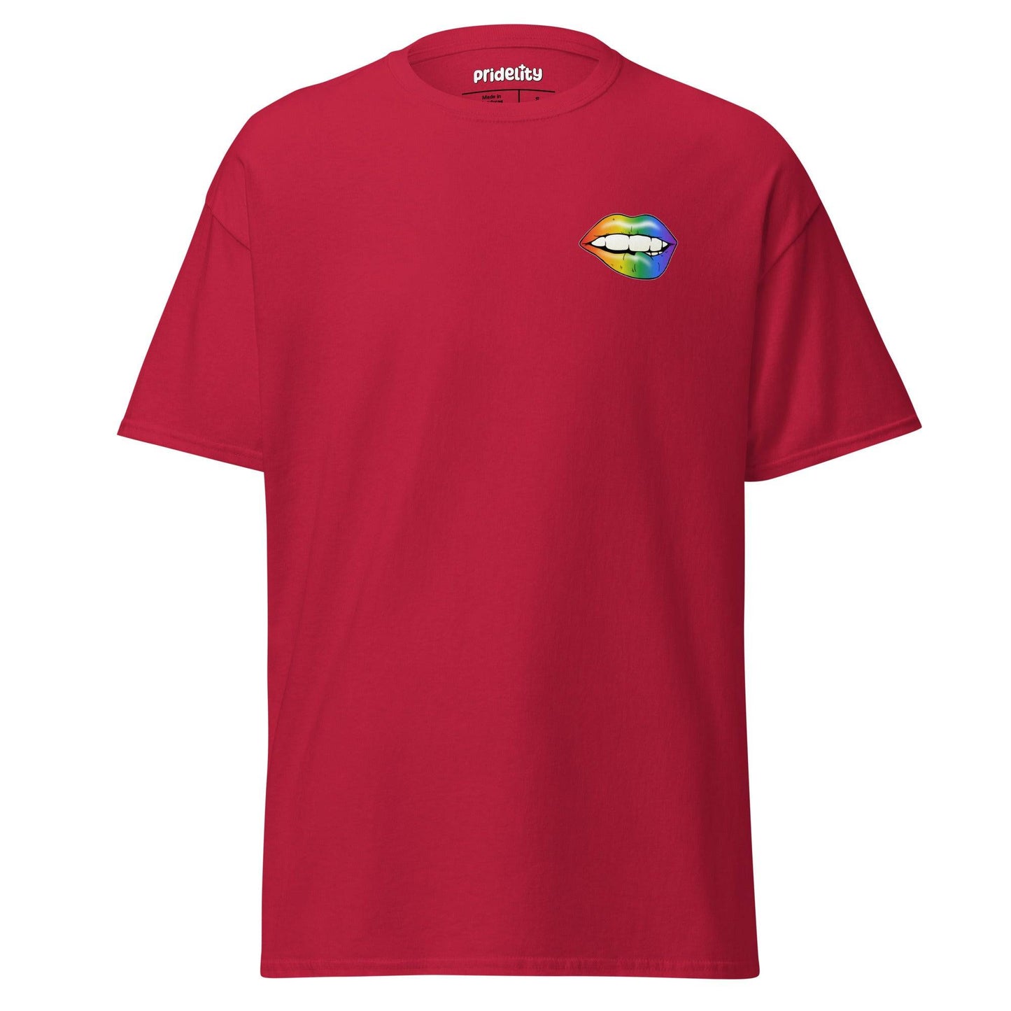 Introducing the Flirty Lips T-Shirt by Pridelity, featuring a vibrant rainbow gradient lips graphic elegantly placed on the upper left of a classic white shirt.