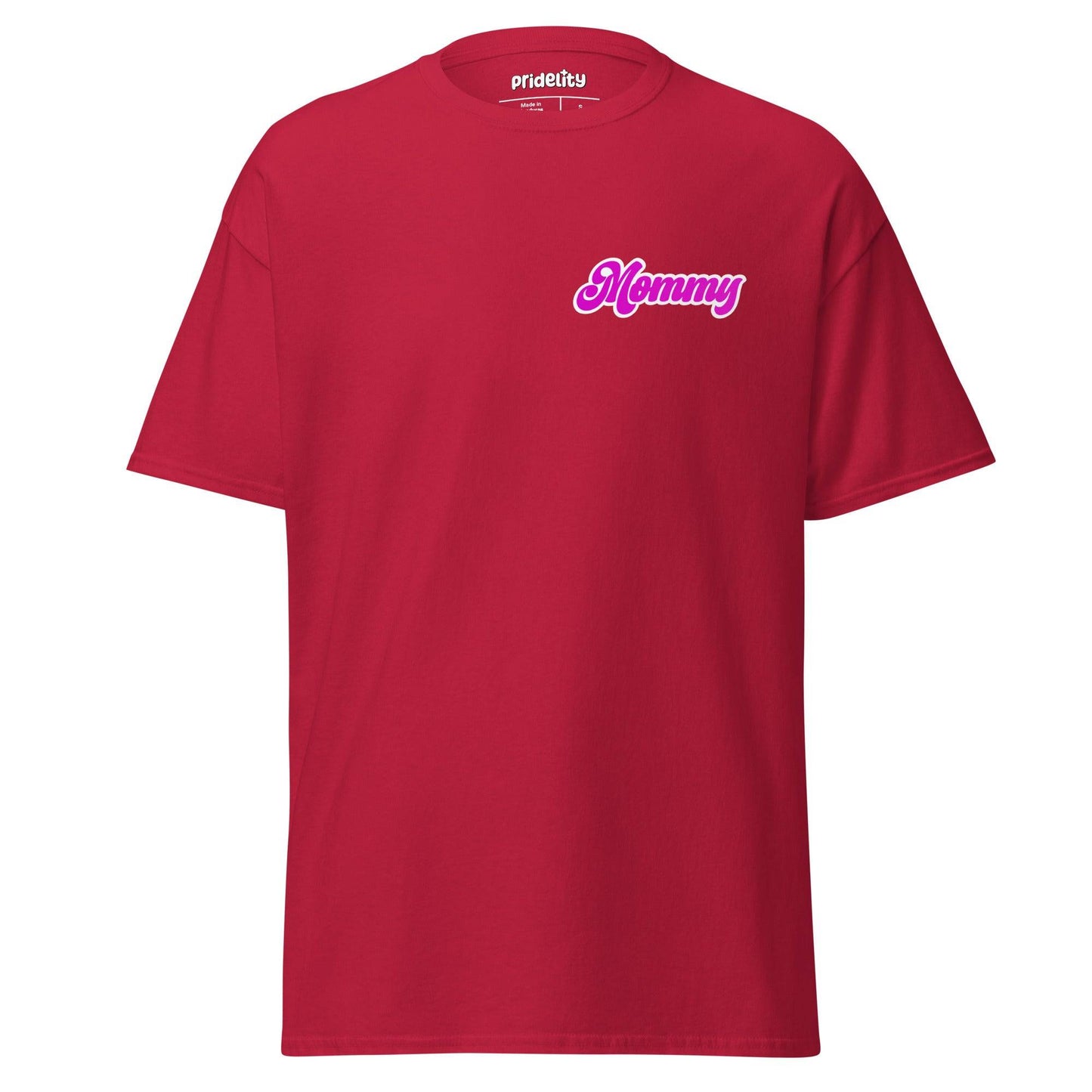 A Pridelity "Mommy" T-Shirt in purple with "Mommy" gracefully printed in pink, cursive font on the upper left chest.