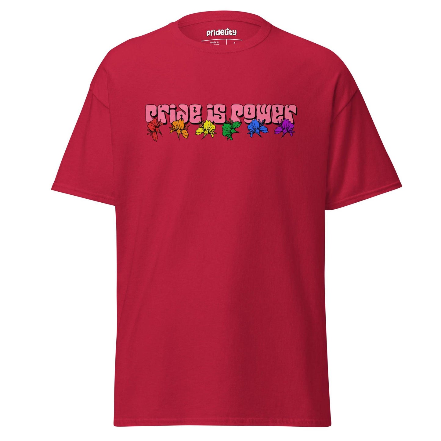 Introducing the Pride Is Power T-Shirt by Pridelity, adorned with "PRIDE IS POWER" in vivid, bold letters across the chest and complemented by a row of six stylish leaves representing each hue of the rainbow.