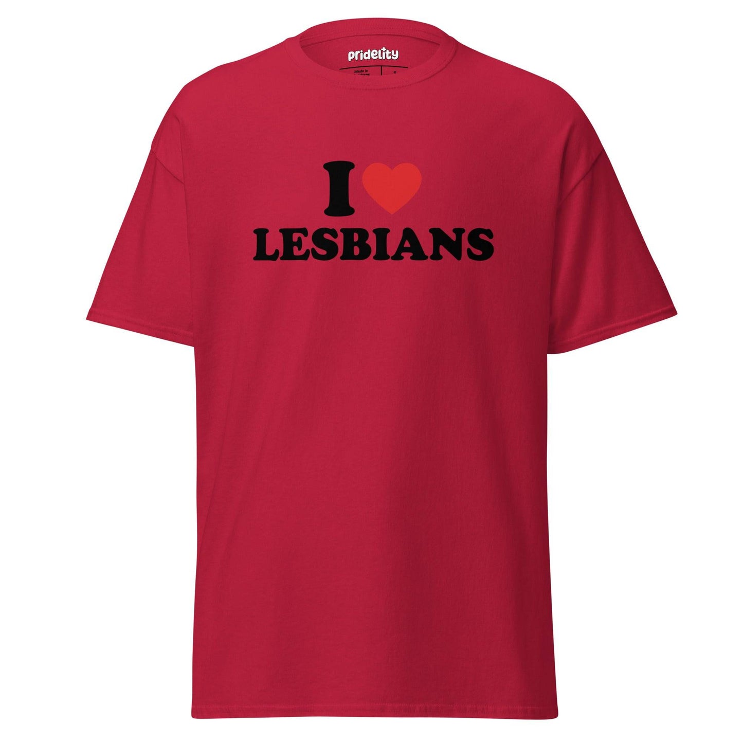 The "I Love Lesbians T-Shirt" by Pridelity is a pink pride shirt showcasing bold text saying "I ♥ LESBIANS" on the front, highlighted with a vibrant red heart symbol.