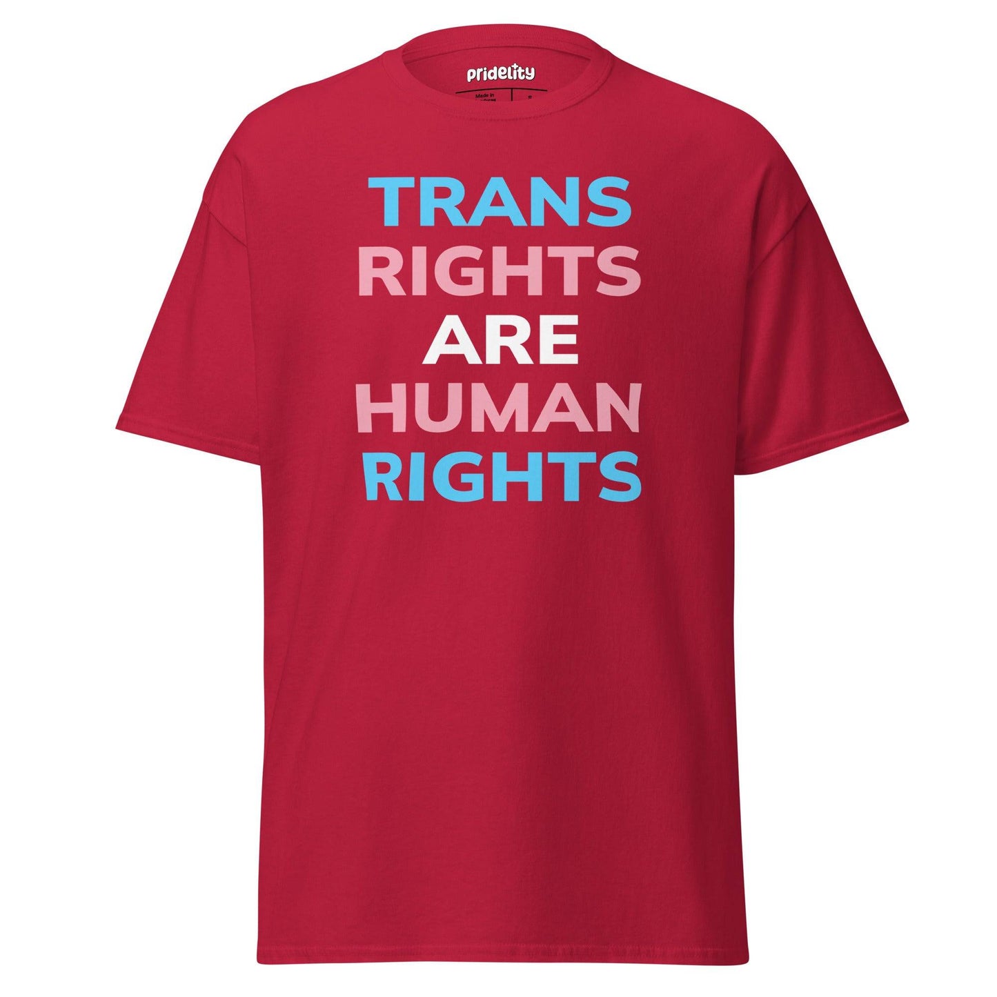 A Pridelity Trans Rights T-Shirt in black, featuring the phrase "Trans Rights Are Human Rights" in bold letters adorned with light blue, pink, and white colors.