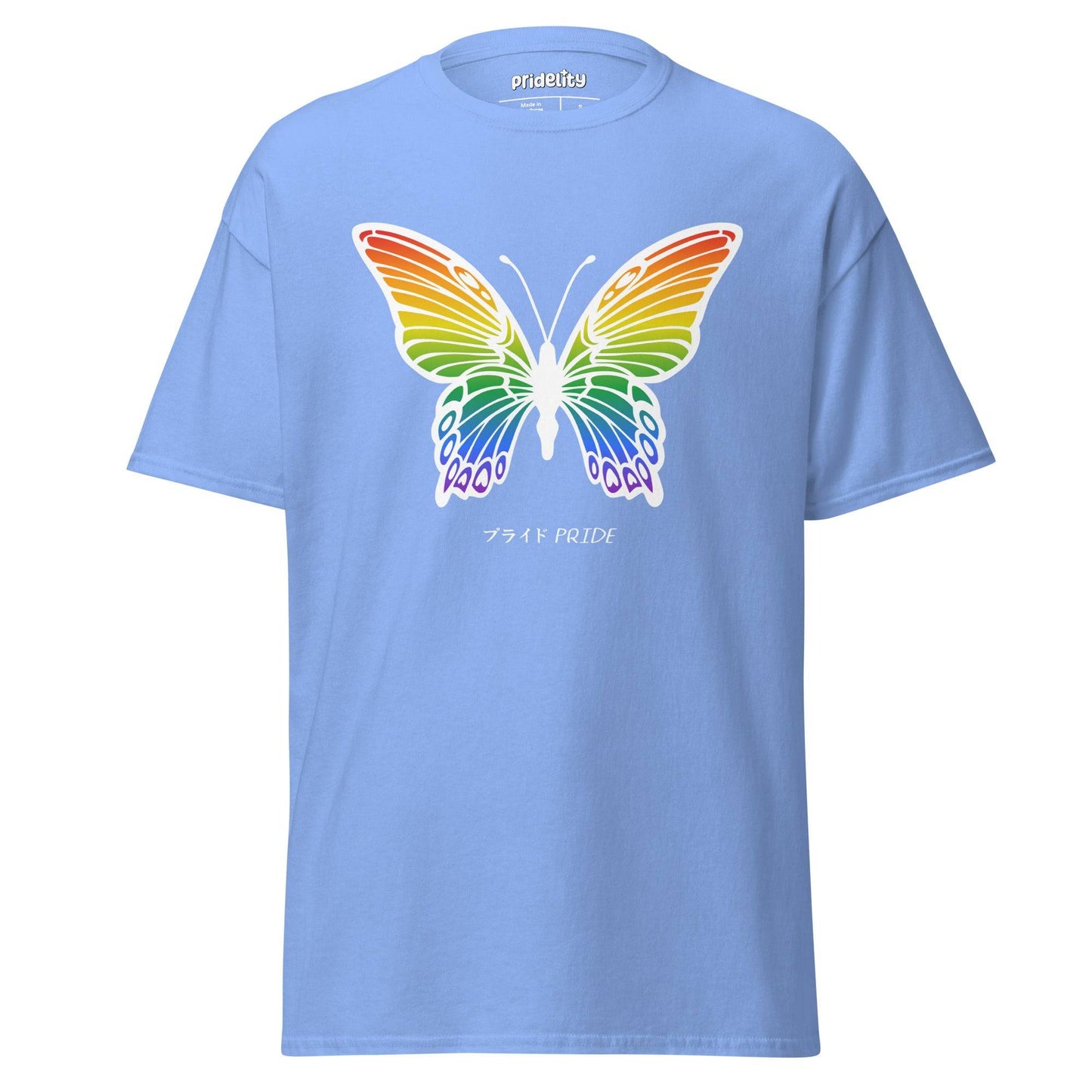 Introducing the Butterfly T-Shirt by Pridelity, a purple masterpiece showcasing a vibrant rainbow butterfly at its heart. "PRIDE" is gracefully inscribed in both English and Japanese below the butterfly, making it a highlight of our Pride Collections.