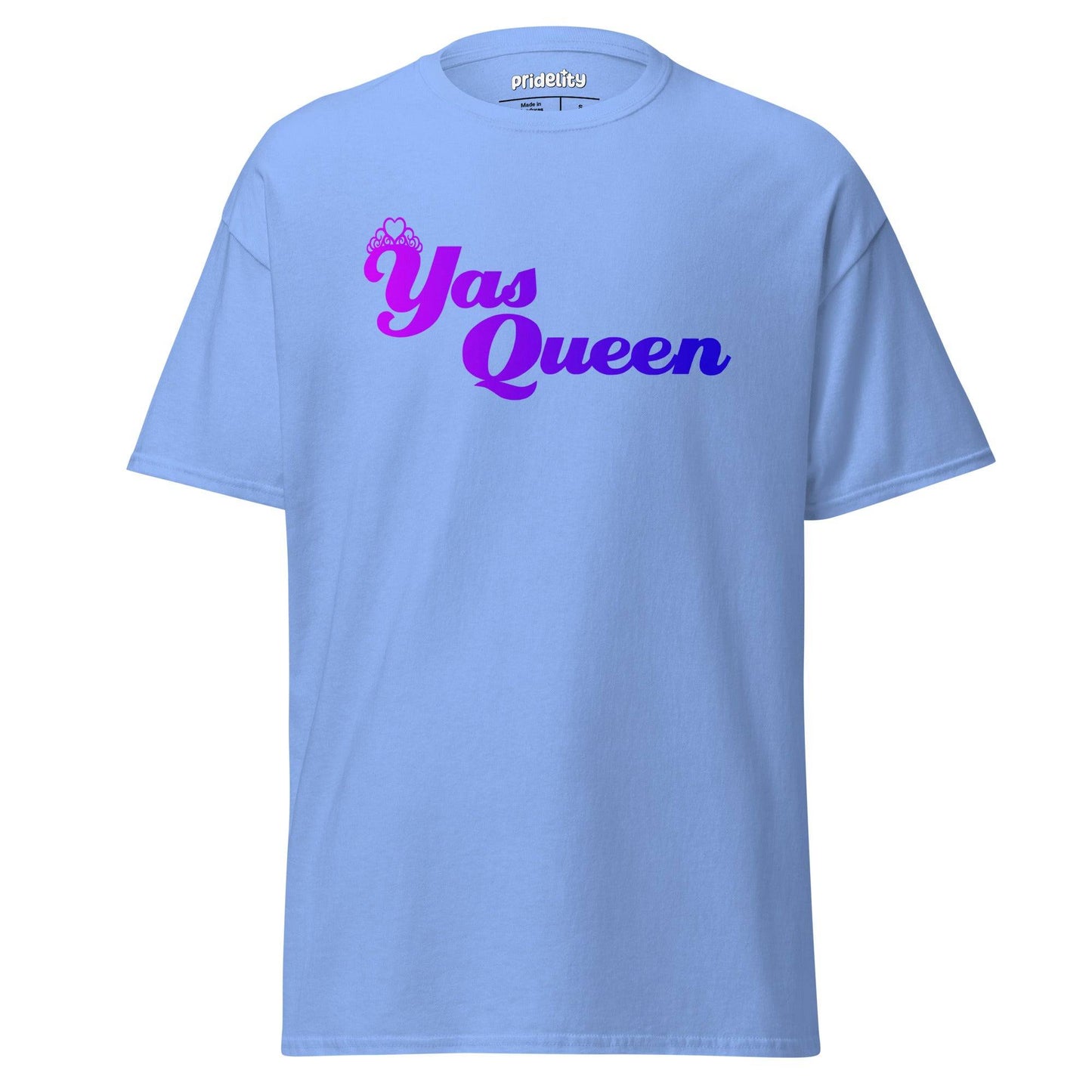Introducing the Yas Queen T-Shirt by Pridelity, a black pride tee showcasing "Yas Queen" in eye-catching purple and blue gradient lettering, topped with a delicate crown graphic.