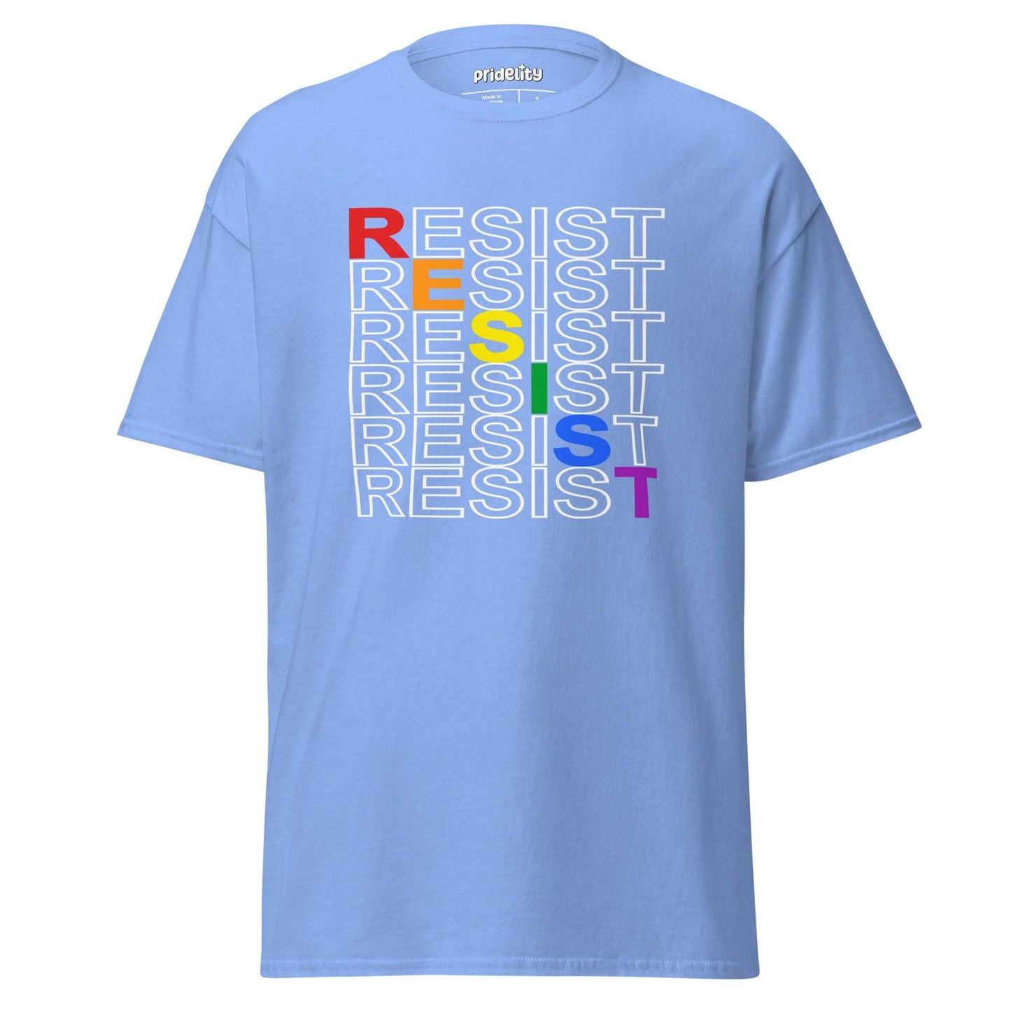 A black Resist T-Shirt from Pridelity showcases the word "RESIST" in a vertical column, with each letter transitioning through rainbow colors from red to purple, elegantly embodying unity and strength.