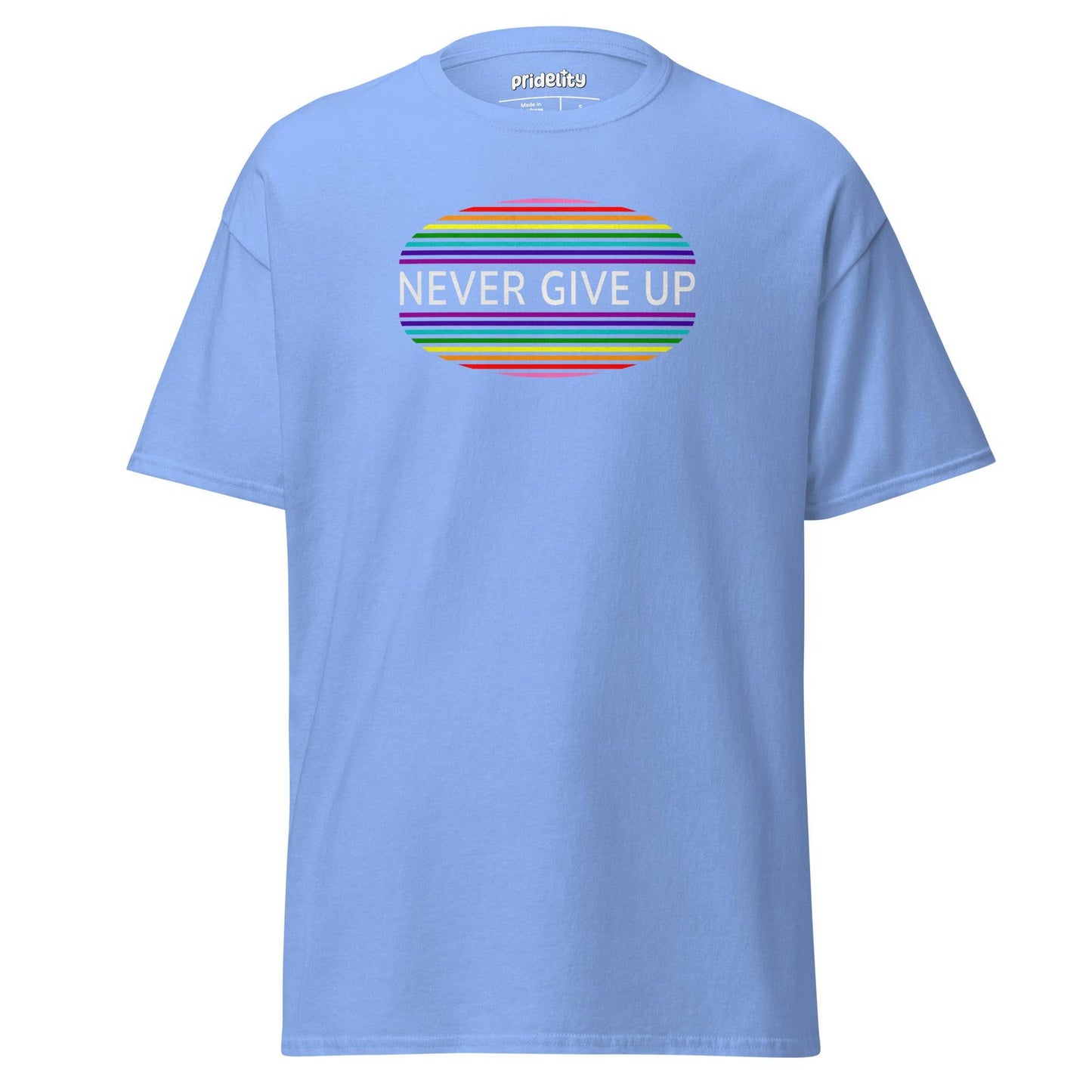 Introducing the "Never Give Up T-Shirt" by Pridelity, a black pride shirt featuring a rainbow-striped oval design with bold white letters.