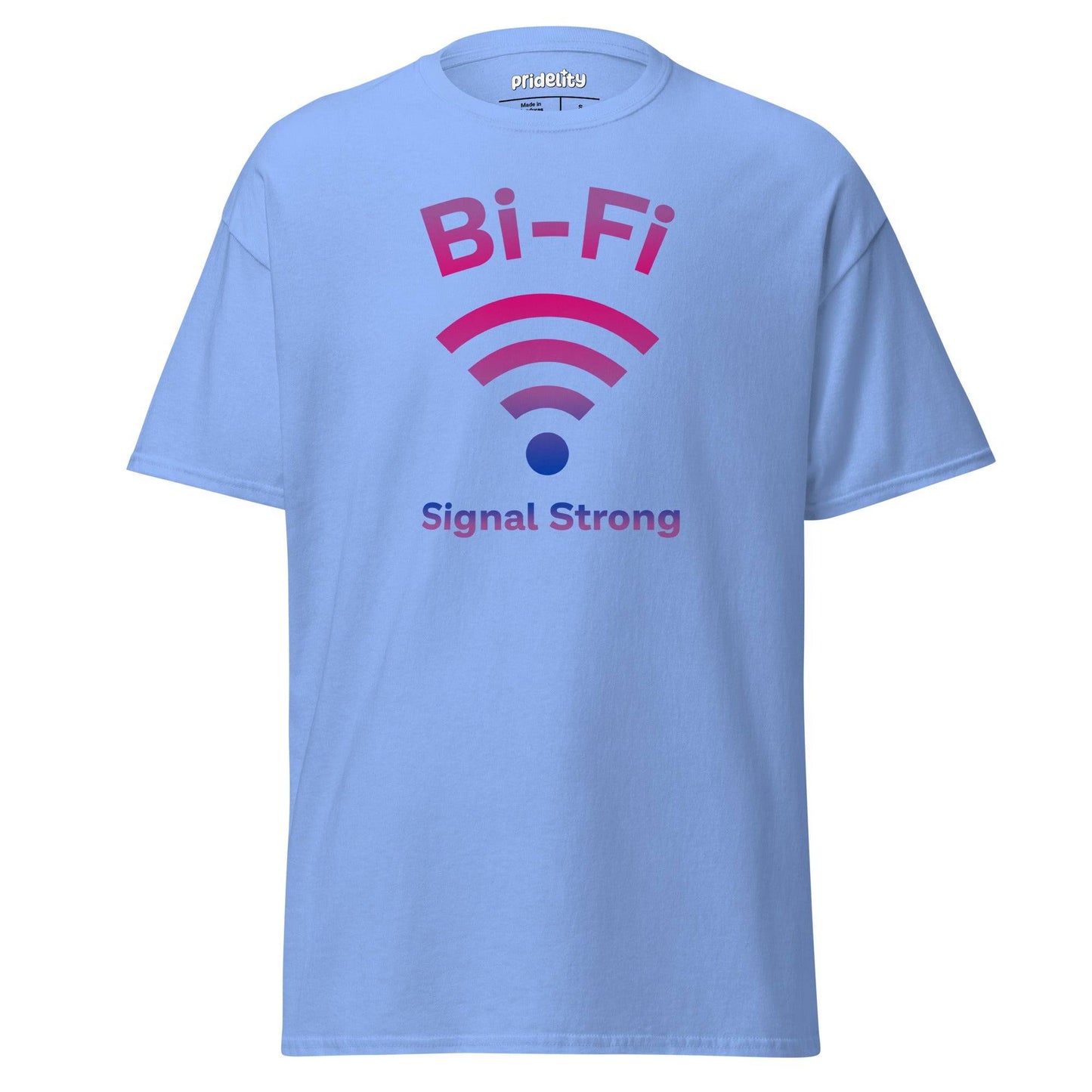 Pridelity's Bi-Fi T-Shirt showcases "Bi-Fi" above a pink and purple Wi-Fi symbol, with "Signal Strong" below. This vibrant tee from our Pride Collection celebrates connection and identity with style.