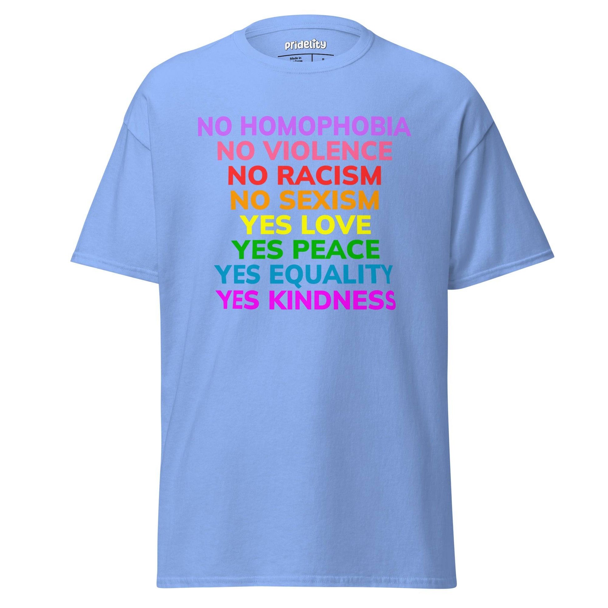 Light blue Spread Love, Not Hate T-Shirt with rainbow text promoting love, kindness, and equality. High-quality pride clothing for all.