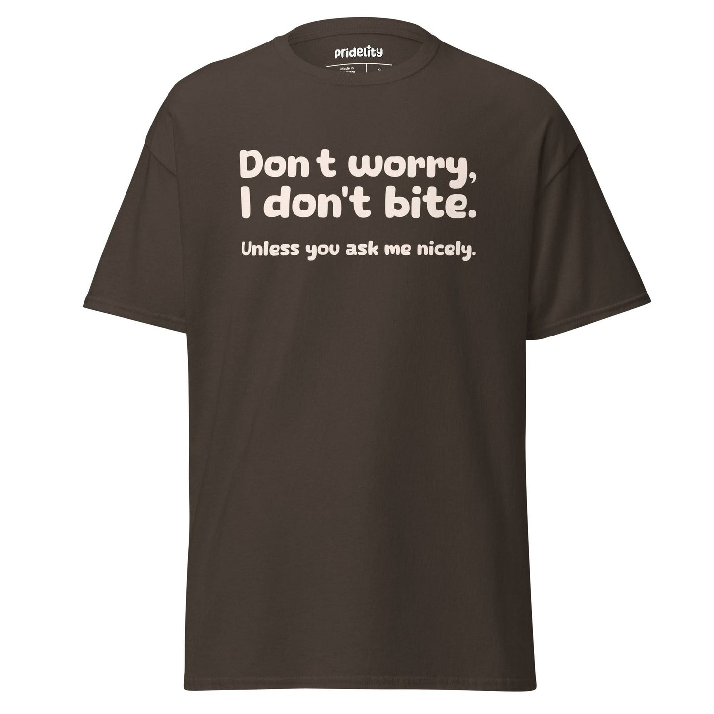 Orange I Don’t Bite T-Shirt by Pridelity featuring playful white text, "Don't worry, I don't bite. Unless you ask me nicely," celebrates individuality and humor in style.