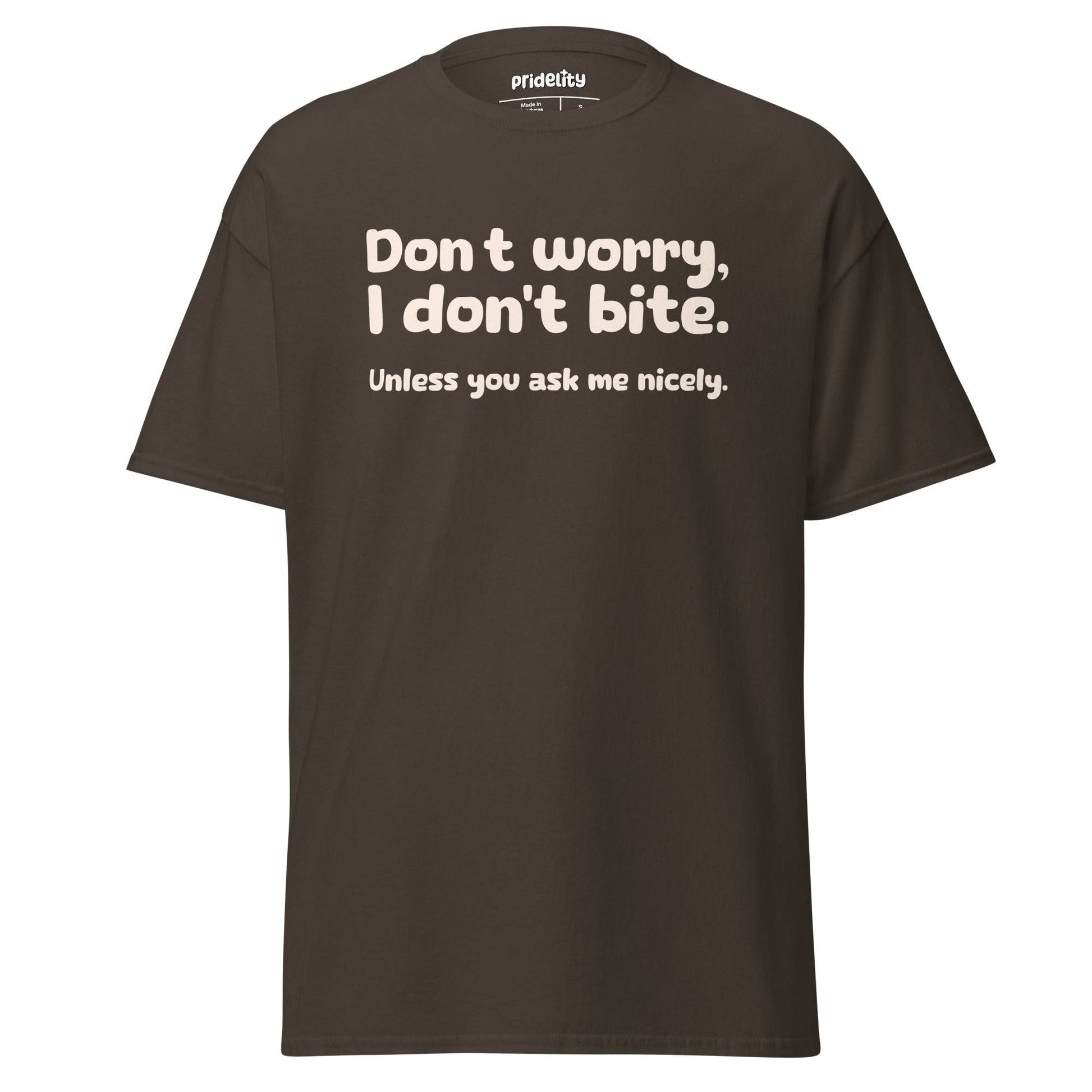 Orange I Don’t Bite T-Shirt by Pridelity featuring playful white text, "Don't worry, I don't bite. Unless you ask me nicely," celebrates individuality and humor in style.