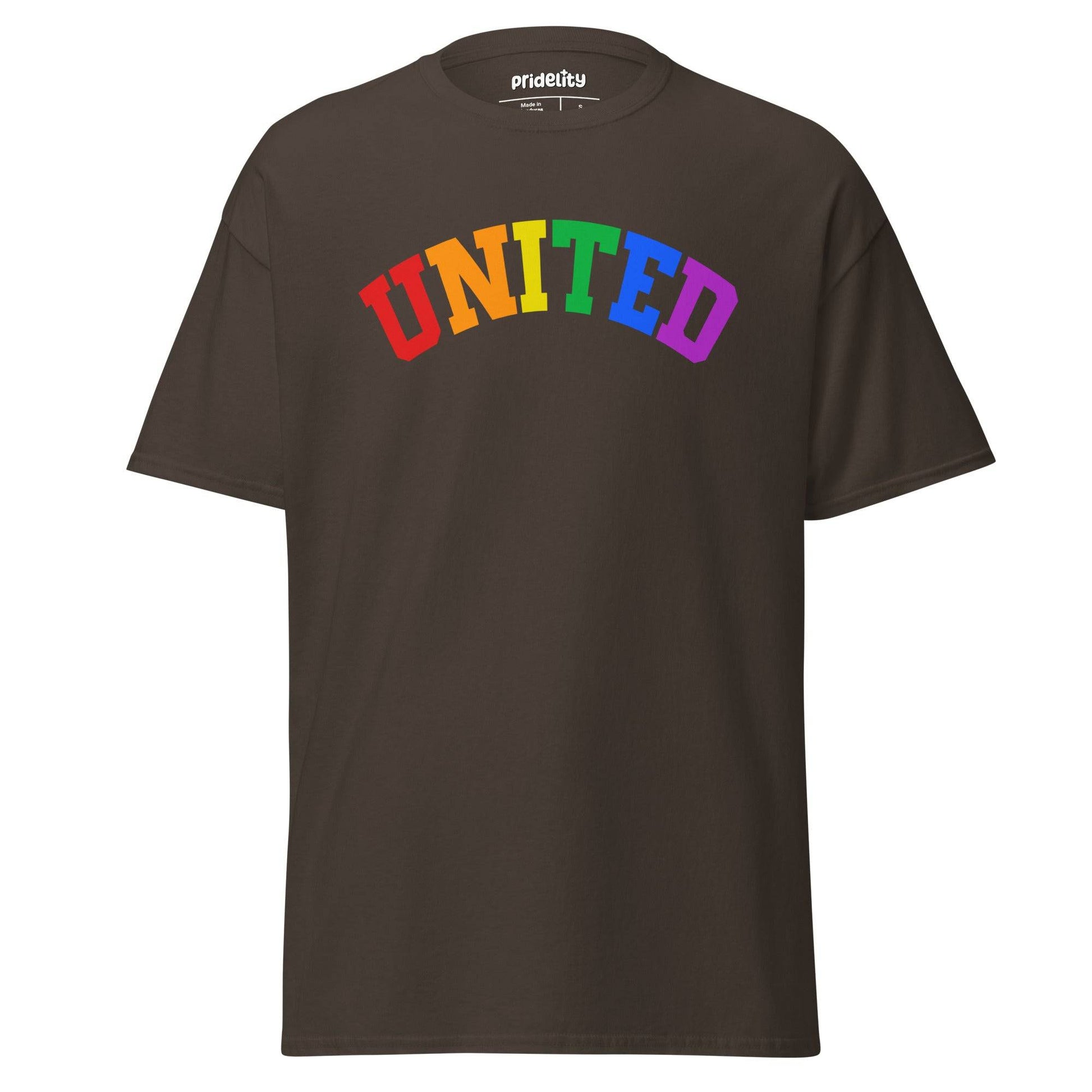 The Pridelity United T-Shirt showcases the word "UNITED" prominently on the front, with each letter seamlessly transitioning through vibrant rainbow colors.